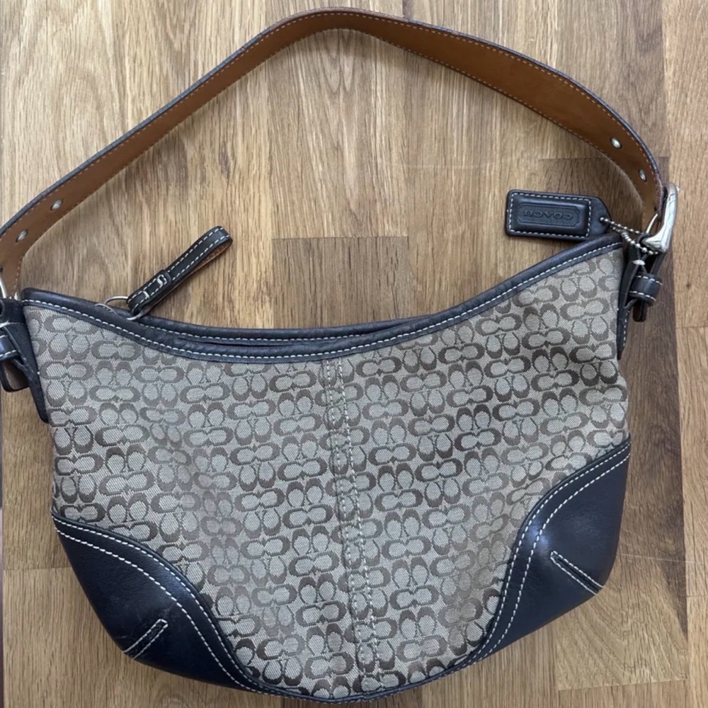 Coach Khaki Signature Canvas & Brown Leather Shoulder Bag